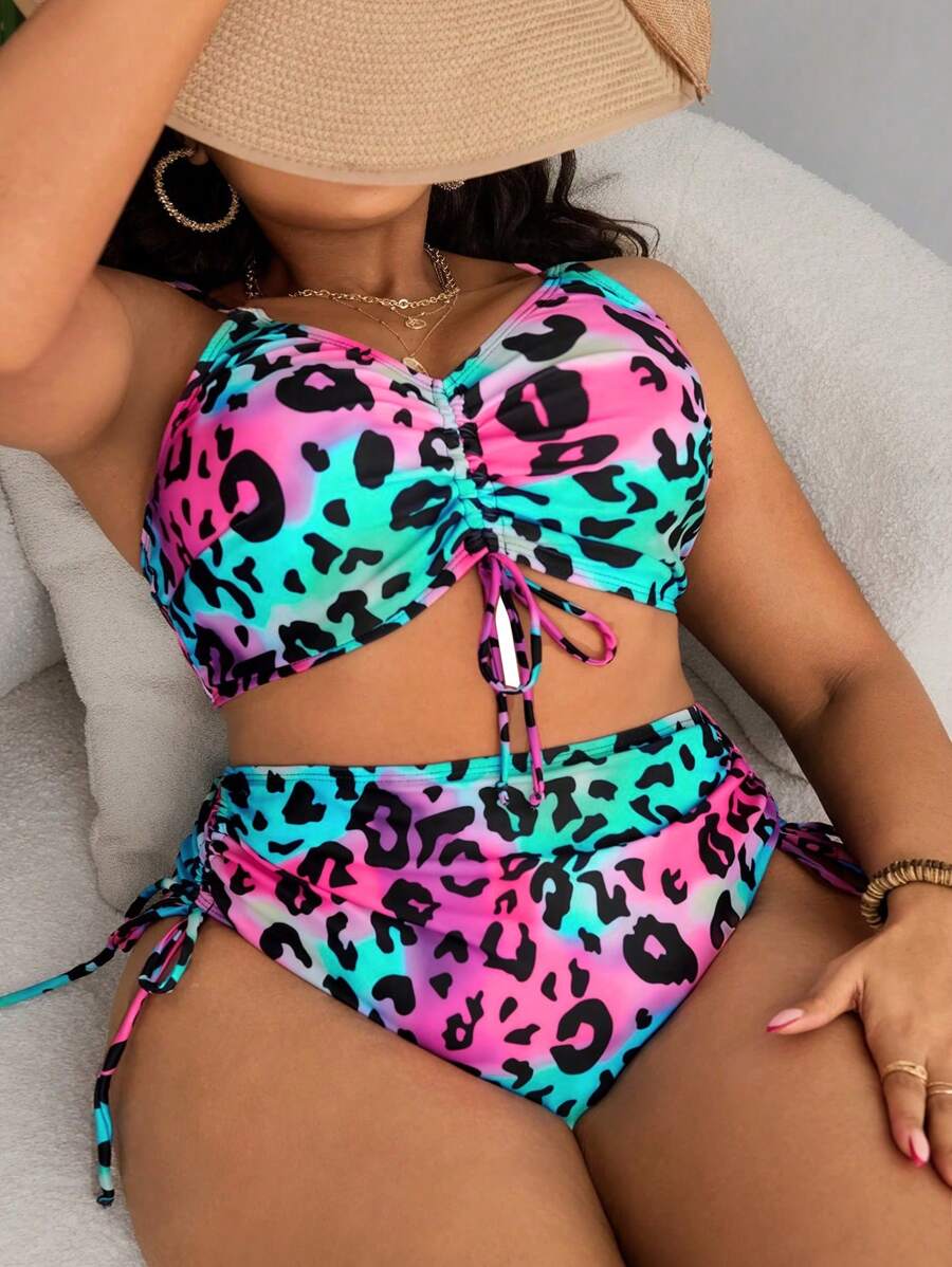 Slaydiva Plus Size Colorful Leopard Print Lace-Up Tankini Bikini Set For Summer Beach Vacation