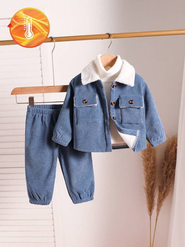 SHEIN Baby Boy Button Front Thermal Lined Lapel Collar Long Sleeve Jacket And Solid Color Thermal Lined Pants, Warm And Comfortable For Autumn, Spring And Winter Wear