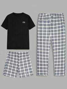 RueChic Conjunto de pijama para hombre de 3 piezas (camiseta, pantalón corto y pantalón) de algodón con estampado a cuadros y parche