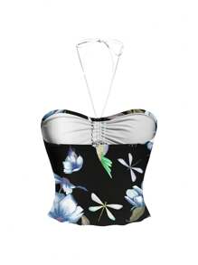 Constanza Baglietto Black Bird Printed Women's Cropped Camisole, Suitable For Summer Music Festival, Beach, And Vacation