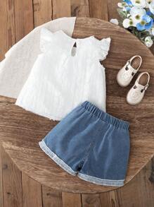 2pcs Girls Summer Stylish Cute Set, Floral Lace Sleeveless Top With Denim Shorts Decorated With Pearls, Korean Version - White - View 2