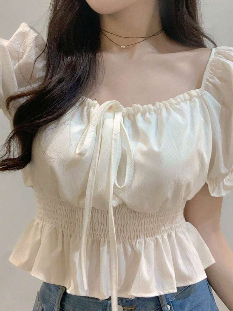 Short Tie-Waist Puff Sleeve Women's Blouse,Ruffle,Babydoll Top