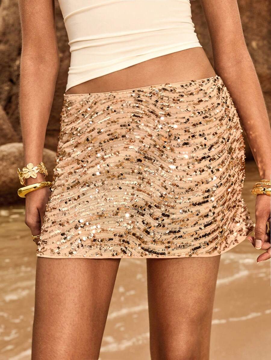 Minifalda de mujer con lentejuelas, falda corta brillante y con lentejuelas de unicolor, elegante y con estilo para playa, primavera, verano y festivales de verano - Caqui - Ver 1