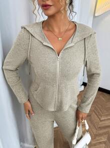 Flirla Plus Size Women 2 Pieces Set - Hoodie With Zipper Pockets & Flared Ribbed Knit Baggy Pants, Casual Everyday Outfit - Grey - View 5