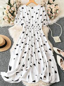 SHEIN LUNE Romantic Date  Floral Print Shirred Drawstring Waist Heart Shape Lover's Valentine's Day Dress - White - View 2