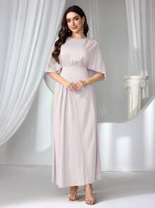 Coutiva Women Solid Color Round Neck Batwing Sleeve Elegant Cocktail Party Dress, Wedding Guest Dress - Baby Pink - View 6