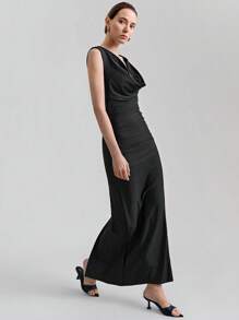 Ontre Đầm Maxi Cổ Chữ V Không Tay Thanh Lịch Mới 2025 Cho Nữ, Trang Phục Thời Trang Xuân/Hè - màu đen - Xem 1