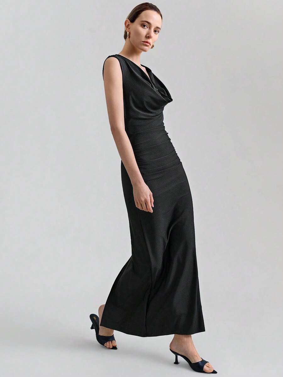 Ontre Đầm Maxi Cổ Chữ V Không Tay Thanh Lịch Mới 2025 Cho Nữ, Trang Phục Thời Trang Xuân/Hè - màu đen - Xem 1