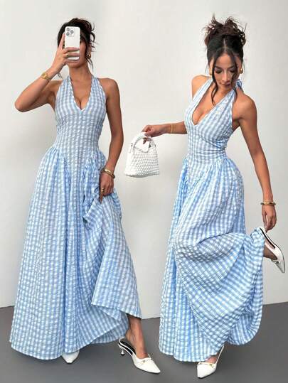 Siren Gaze Women's Waist Ruched Halter Umbrella Hem Dress, Blue And White Checkered Dress, Long Dress, Summer Clothes,Easter Dress Women,Festival Outfits For Women, Rave Outfits,Graduation Outfit,Vacation Outfits Women,Backless Maxi Dress,Blue Celadon Print,Bohemia,Summer Dresses For Women Chic Vacation Casual Plaid Holiday Resort