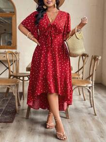 Breezaya Plus Size Women's V-Neck All-Over Print Ruffle Sleeve Asymmetric Hem Dress, Spring/Summer - Red - View 5