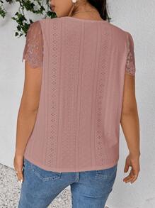 SHEIN Frenchy Plus Size Women's Plain Color Contrast Lace Short Sleeve Burn-Out Embroidery T-Shirt - Dusty Pink - View 3