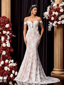 Glamrae White Spring Elegant Formal Wedding Mermaid Maxi Dress,Luxurious Embroidered Lace Applique Off-Shoulder Stretchy Backless Long Tail Bridal Bride Gala - Beige - View 1