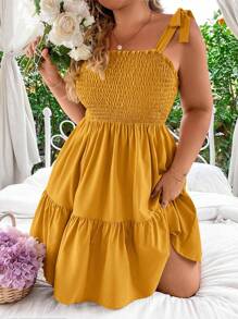 SHEIN Clasi Plus Size Women Solid Color Tied Spaghetti Strap Dress - Mustard Yellow - View 5
