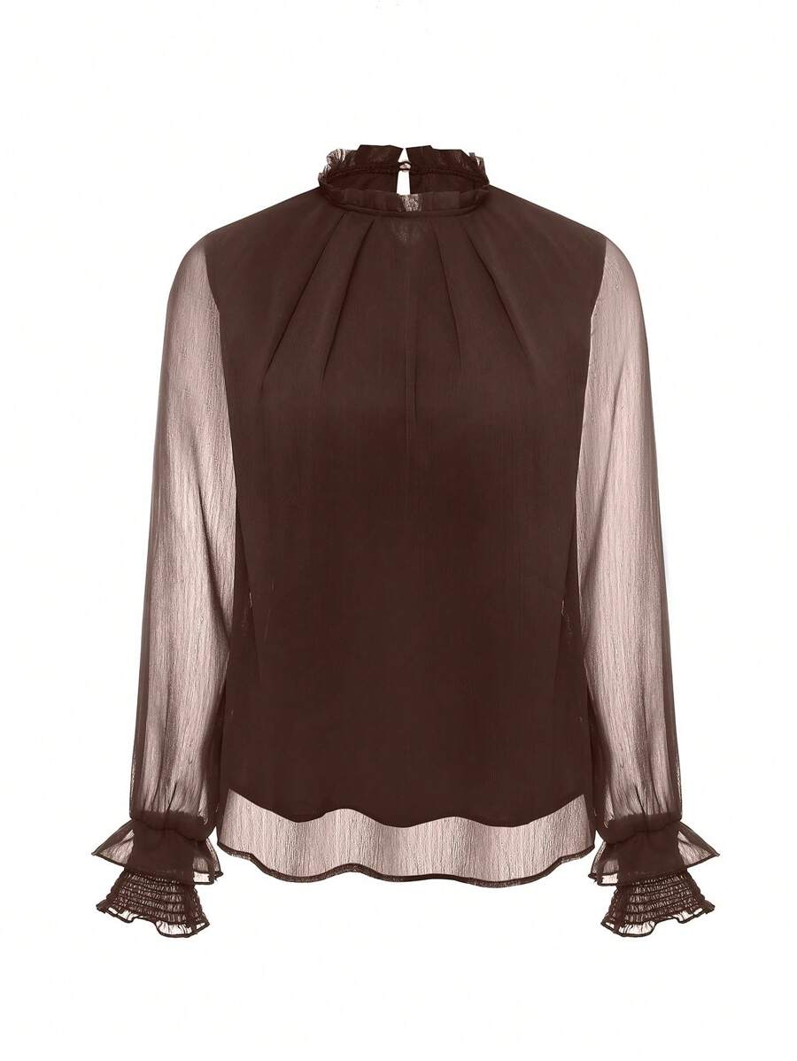 女士纯色立领褶皱网眼长袖优雅衬衫 - 咖啡棕 - 查看 1