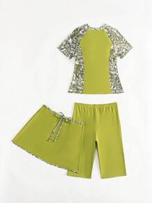 Swim Mulvari Swim Shayni Spring 3-Piece Set: Short Sleeve Swimwear Patchwork Burkini Tankini, Solid Color Patchwork Print Zipper Hem Tankini With Skort Shorts Set For Summer Beach Vacation - Multicolor - View 4