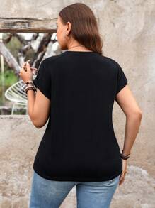 SHEIN LUNE 大码女式纯色蝙蝠袖休闲圆领 T 恤 - 黑色 - 查看 2