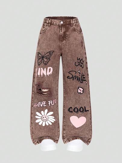 SHEIN Sparklyn Teen Girls Y2K Style Vintage Brown Jeans, Fashionable Printed Pattern, Versatile & Minimalist, Distressed & Washed Denim Pants Summer Holiday Fall Winter