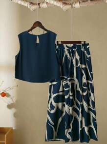 EMERY ROSE 2 Peças Conjunto Casual Feminino Plus Size, Top Regata Gola Redonda de Cor Sólida e Calça Perna Larga, Blusas Gráficas de Férias Verão Feminino, Calça Estilo Boho Elegante Larga