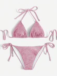 Swim Mod Bộ đồ bơi bikini gợi cảm màu trơn đính kim tuyến mùa hè cho nữ - Hồng - Xem 1
