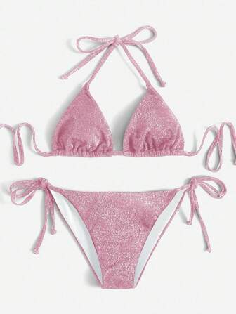 Swim Mod Ensemble de bikini d'été pour femme, de couleur unie, avec paillettes et Top à lacets sexy