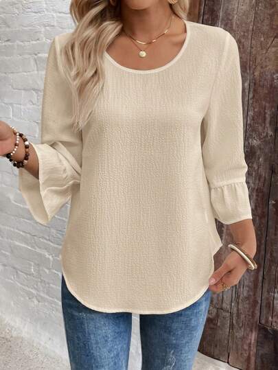 EMERY ROSE Kvinnors slät långärmad blus med rund hals, enkelt mode för sommaren