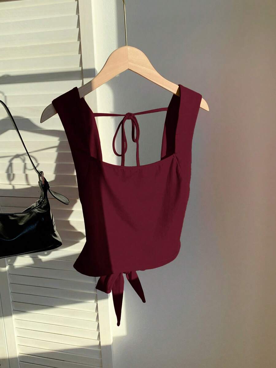 SHEIN Comfortcana 夏季酒红色针织露背吊带背心，配交叉背带 - 酒紅色 - 查看 1