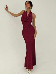 Aloruh 女士极简主义通勤高领不对称下摆紧身长裙，配有领带和露背设计 - 酒紅色 - 查看 7