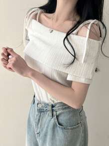 DAZY 女士纯色细肩带优雅短袖 T 恤，夏季，露肩上衣 - 白色 - 查看 8