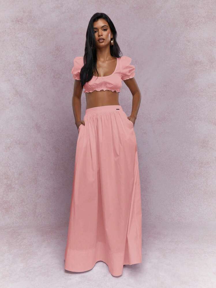 MISSGUIDED Conjunto de top corto de mangas abullonadas tipo pastora y falda larga de cintura alta con volantes - Conjunto coordinado de verano con acabado de volantes para festival o vacaciones en la playa - Rosa - Añade 1