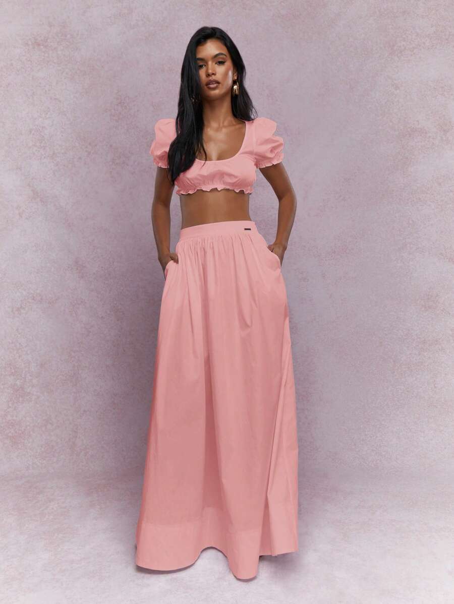 MISSGUIDED 挤奶女工泡泡袖短款上衣和高腰长裙套装夏季荷叶边装饰协调节日海滩度假两件套服装 - 粉色 - 查看 1