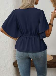 EMERY ROSE Áo cánh tay ngắn cổ chữ V phong cách Pháp thanh lịch cho nữ, trang phục công sở thường ngày, ngày lễ, cỡ lớn, eo nhún, tay loe, mùa xuân/hè - Màu xanh hải quân - Xem 2