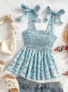 SHEIN WYWH Women Summer Vacation Blue Allover Floral Print Tie Shoulder Ruffle Hem Peplum Cute Lunch Casual Back To School Top