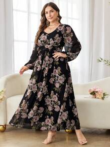 Modelyn Romantic Floral Print Chiffon Long Sleeve A-Line Midi Dress, Regular Fit, Plus Size, Spring/Summer Fall Cloth For Women - Multicolor - View 3