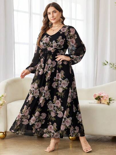 Modelyn Romantic Floral Print Chiffon Long Sleeve A-Line Midi Dress, Regular Fit, Plus Size, Spring/Summer Fall Cloth For Women