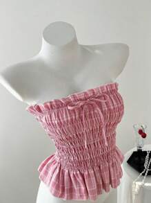 Elamini Women Summer Strapless Frill Trim Bowknot Form-Fitting Crop Top - Pink - View 5