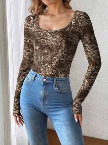 INAWLY Women's Fashionable Animal Print Long Sleeve T-Shirt, Spring/Autumn Fall Cloth For Women - Multicolor - View 4