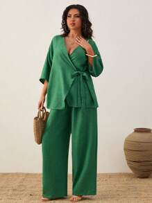 EURMUSE Women's Plain Casual Asymmetric Short Sleeve Top And Casual Wide Leg Pants - Green - View 1