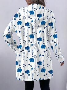 SHEIN LUNE 女士休闲度假抽绳口袋连帽运动衫，毛绒图案印花长款轻便夹克 - 藍白色 - 查看 2