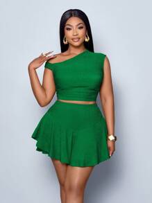 SOLERSUN Set da donna taglia curvy con top a spalle inclinate e gonna asimmetrica, adatto per San Valentino, uso quotidiano, appuntamenti, feste, concerti, Capodanno, primavera, estate, laurea, San Patrizio, in colore verde