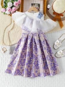 SHEIN Tween Girls Floral Jacquard Ruffle Asymmetrical Collar Fashion Dress - Multicolor - View 2