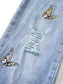 女童破洞蝴蝶印花阔腿牛仔裤 - 淺色水洗藍 - 查看 5