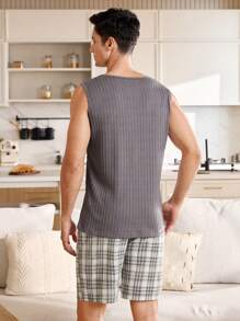 FamilyFrolics Men's Summer Minimalistic Letter Applique Textured Tank Top And Plaid Shorts Pajama Set - Dark Grey - View 2