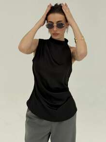 Aloruh Women's Plain Pleated Loose Sleeveless Shirt Summer Summer Outfits Summer Clothes Black Color Workplace Commuting Simple And Elegant