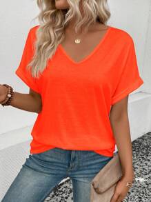 SHEIN LUNE Women Drop Shoulder V-Neck T-Shirt - Orange - View 3