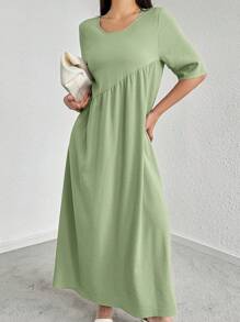 Mulvari Women's Casual Olive Green Long Dress: Semi-Sheer Woven Fabric, Short Sleeves, And A Round Neckline - Olive Green - View 3