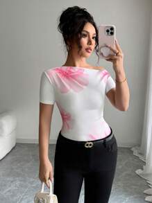 Elenzga Asymmetric Ruffle Floral Print Asymmetric Neck T-Shirt - Pink - View 1