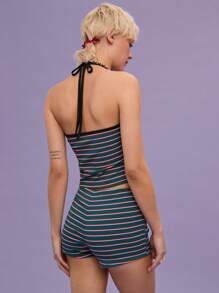 COUREZ Y2K Rib Stripe Halter Neck Top /Tops Summer Tops Going Out Tops /Street Casual/Leisure Music Festival Vintage - Dark Green - View 2