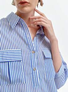 SHEIN Clasi Women's French Elegant Casual Office Vacation Blouse With Collar, Pockets, Loose Fit, 3/4 Sleeve, Side Slit, Striped, Spring/Summer - Blue and White - View 6