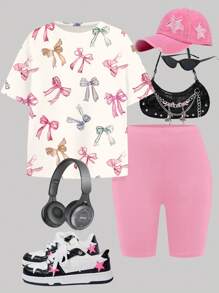 Emery Rose Kids Emery Rose Kids 2 件套 Tween 女童休闲蝴蝶结设计宽松短袖 T 恤和短裤，夏季服装 - 彩色 - 查看 3