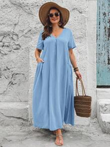SHEIN VCAY Vestido de verano holgado con bolsillo para mujer de talla grande - Celeste - Ver 5